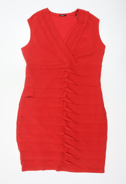 Roman Women Red UK 20 Bodycon Ruffle V-Neck Knee Length Party Dress