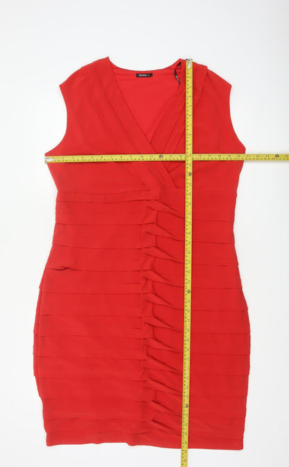 Roman Women Red UK 20 Bodycon Ruffle V-Neck Knee Length Party Dress