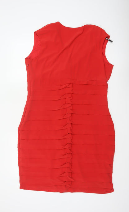 Roman Women Red UK 20 Bodycon Ruffle V-Neck Knee Length Party Dress