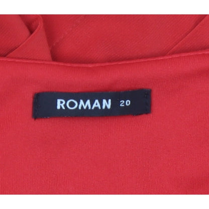 Roman Women Red UK 20 Bodycon Ruffle V-Neck Knee Length Party Dress