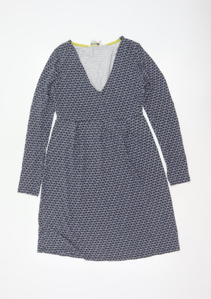 Boden Women Blue UK 10 Fit & Flare Knee Dress Geometric V-Neck Long Sleeve