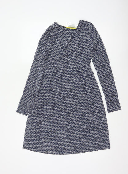 Boden Women Blue UK 10 Fit & Flare Knee Dress Geometric V-Neck Long Sleeve