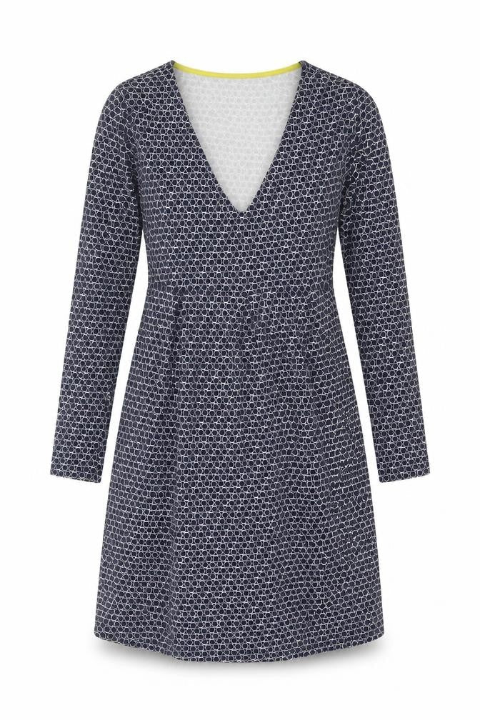 Boden Women Blue UK 10 Fit & Flare Knee Dress Geometric V-Neck Long Sleeve