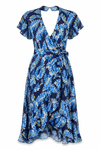 Whistles Women Blue Leaf Print UK 12 Long Wrap Dress