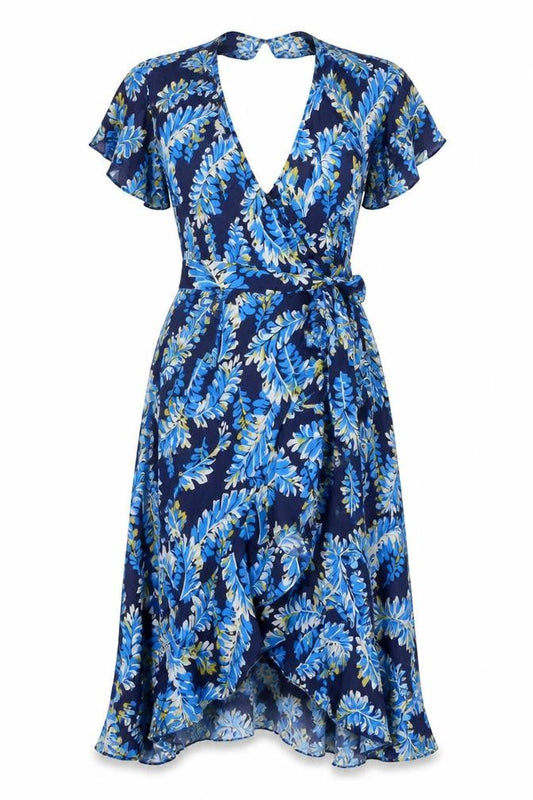 Whistles Women Blue Leaf Print UK 12 Long Wrap Dress