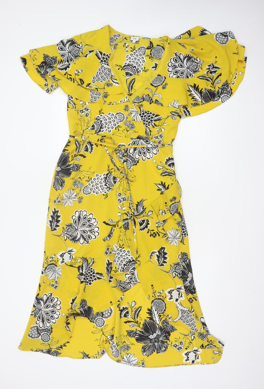 River Island Women Yellow Floral Wrap Midi Dress Size 10 Ruffle