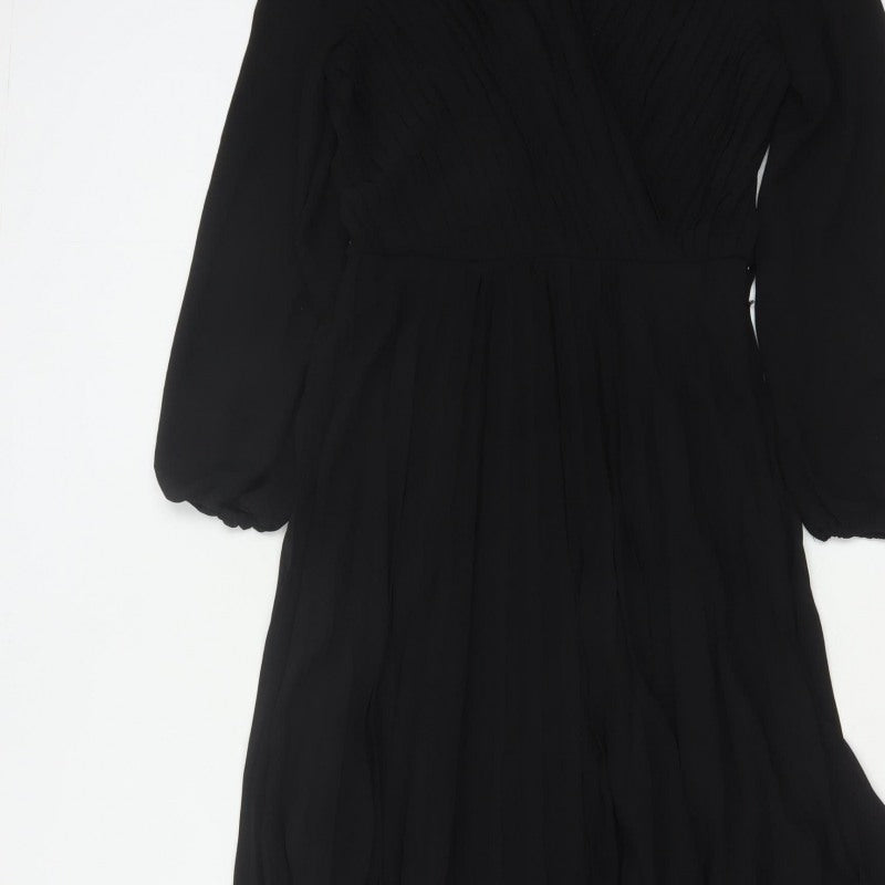 New Look Women Black UK 6 Long A-Line Pleated V-Neck Dress