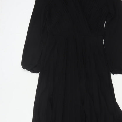 New Look Women Black UK 6 Long A-Line Pleated V-Neck Dress
