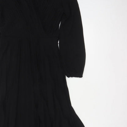 New Look Women Black UK 6 Long A-Line Pleated V-Neck Dress