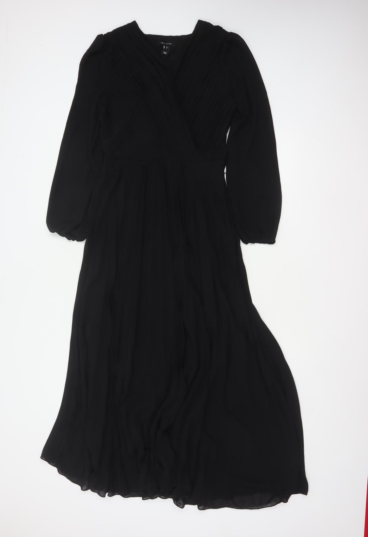 New Look Women Black UK 6 Long A-Line Pleated V-Neck Dress
