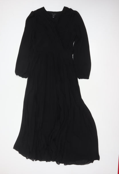 New Look Women Black UK 6 Long A-Line Pleated V-Neck Dress