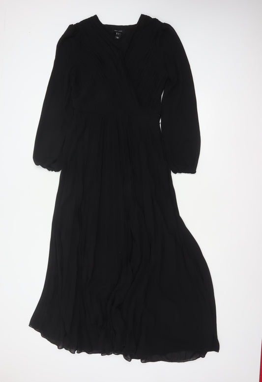 New Look Women Black UK 6 Long A-Line Pleated V-Neck Dress