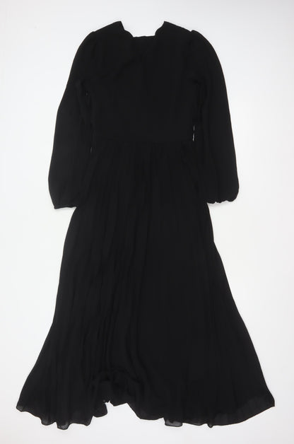 New Look Women Black UK 6 Long A-Line Pleated V-Neck Dress