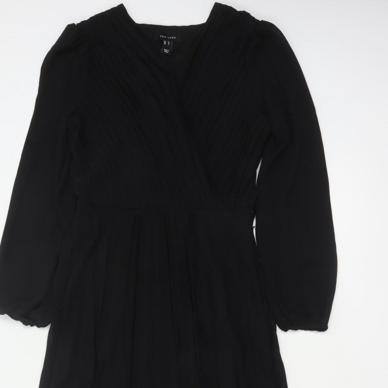 New Look Women Black UK 6 Long A-Line Pleated V-Neck Dress