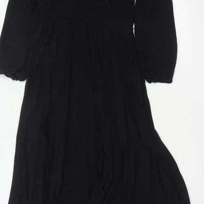 New Look Women Black UK 6 Long A-Line Pleated V-Neck Dress