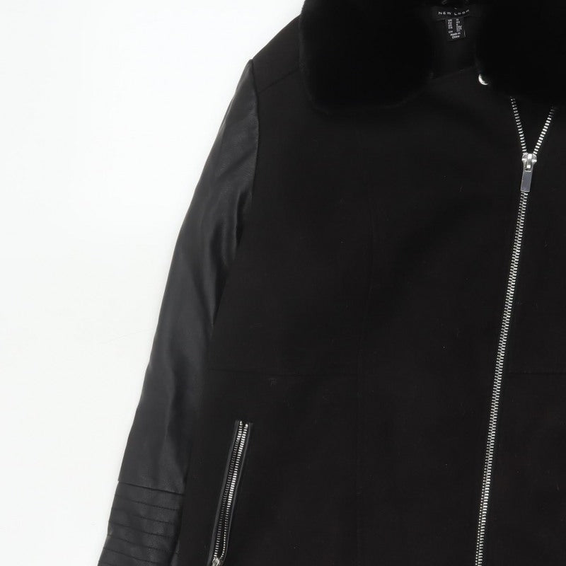 New Look Women’s Black UK 12 Long Biker Coat Faux Fur Collar