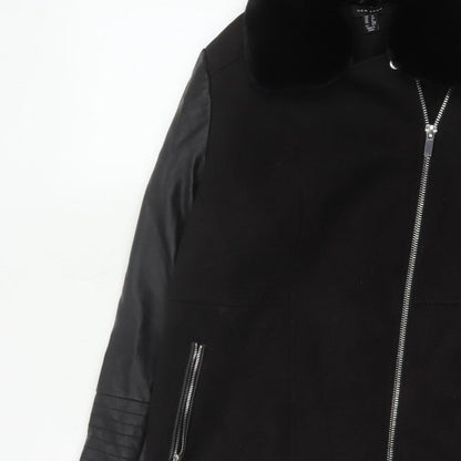 New Look Women’s Black UK 12 Long Biker Coat Faux Fur Collar