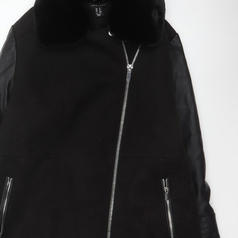 New Look Women’s Black UK 12 Long Biker Coat Faux Fur Collar