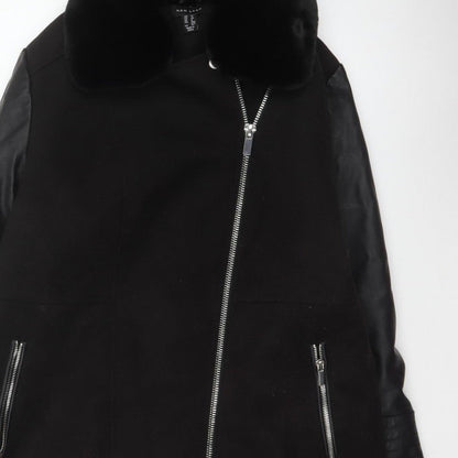 New Look Women’s Black UK 12 Long Biker Coat Faux Fur Collar