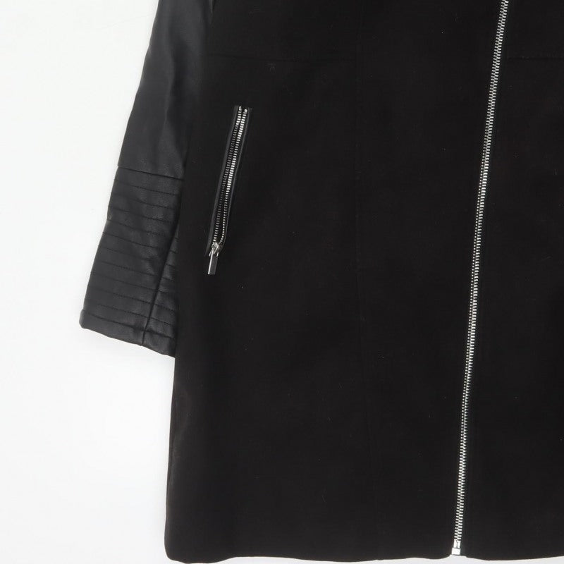 New Look Women’s Black UK 12 Long Biker Coat Faux Fur Collar