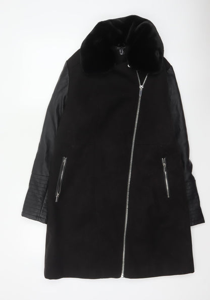 New Look Women’s Black UK 12 Long Biker Coat Faux Fur Collar