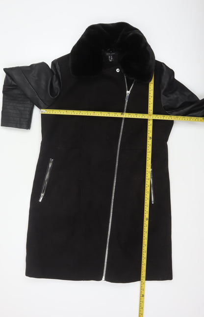 New Look Women’s Black UK 12 Long Biker Coat Faux Fur Collar