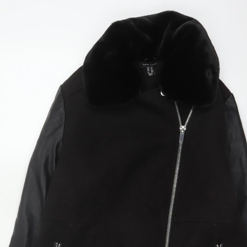 New Look Women’s Black UK 12 Long Biker Coat Faux Fur Collar