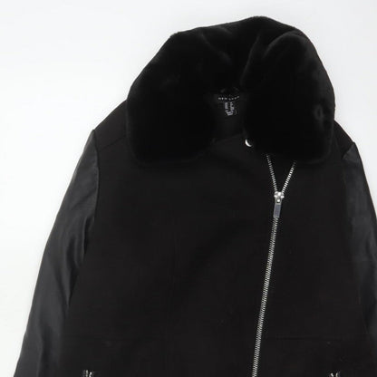 New Look Women’s Black UK 12 Long Biker Coat Faux Fur Collar