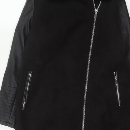 New Look Women’s Black UK 12 Long Biker Coat Faux Fur Collar
