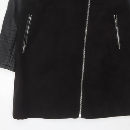 New Look Women’s Black UK 12 Long Biker Coat Faux Fur Collar
