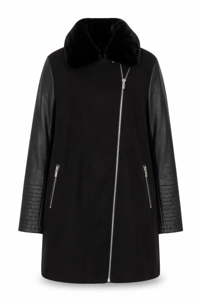 New Look Women’s Black UK 12 Long Biker Coat Faux Fur Collar