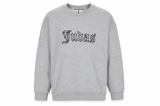 Front view of Judas Sinned Men’s Grey M Gothic Logo Graphic Pullover Sweatshirt