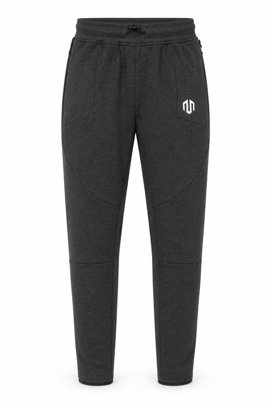 Front view of Morotai unisex grey m performance jogger trousers ankle zip logo
