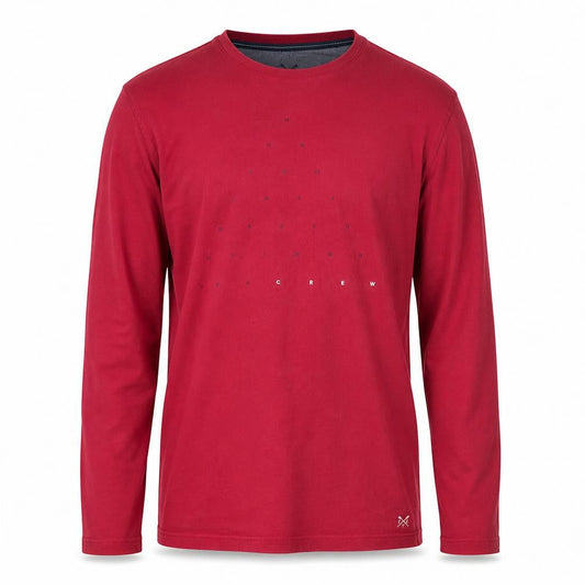 Front view of Crew Clothing Company Men’s Red M Long Sleeve Graphic Crew Neck Top