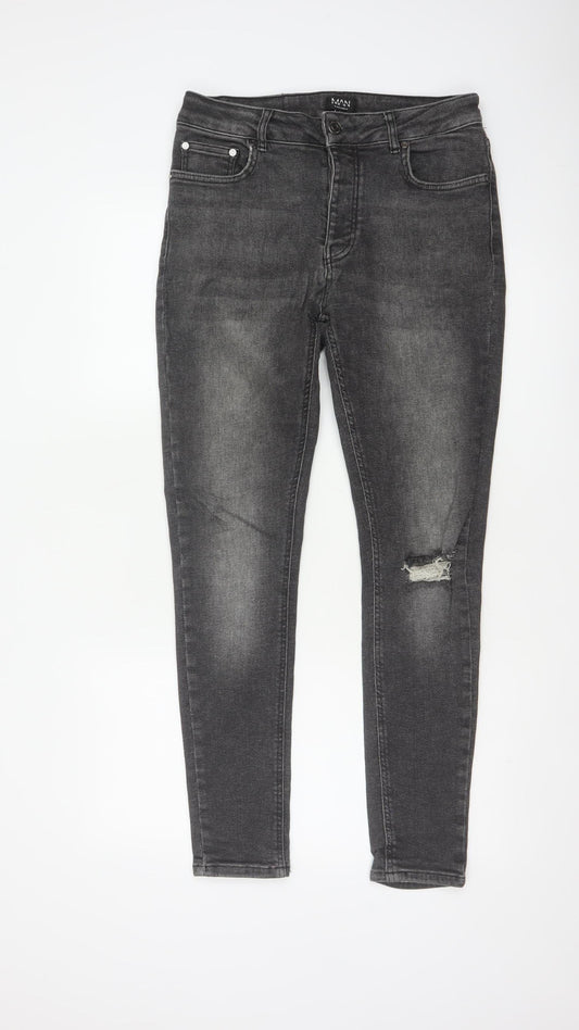 BoohooMAN Men’s Grey 32 Skinny Distressed Stretch Jeans