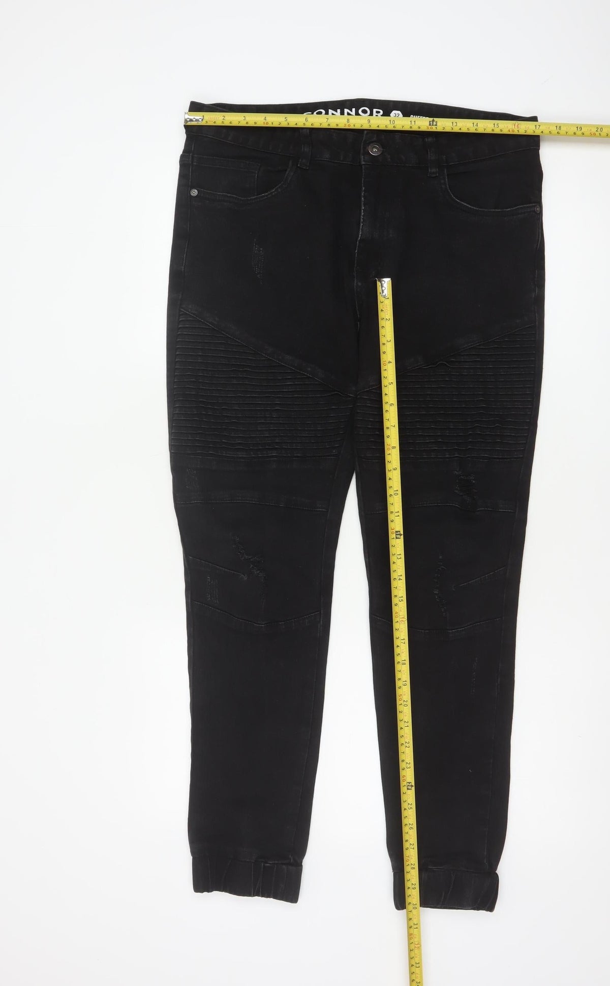 Connor Men’s Black 32 Skinny Cuffed Distressed Biker Jeans