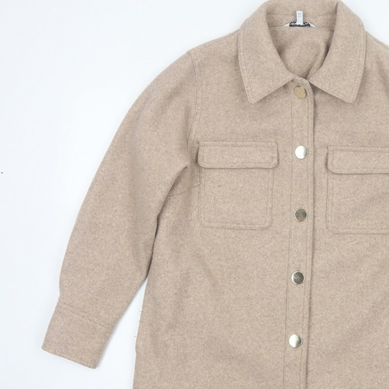 Next Women Beige UK 14 Long Basic Jacket Collared Button Pocket Shacket