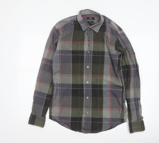 Back view of BOSS Hugo Boss Men's Grey Green Check Slim Fit Cotton Shirt, size S
