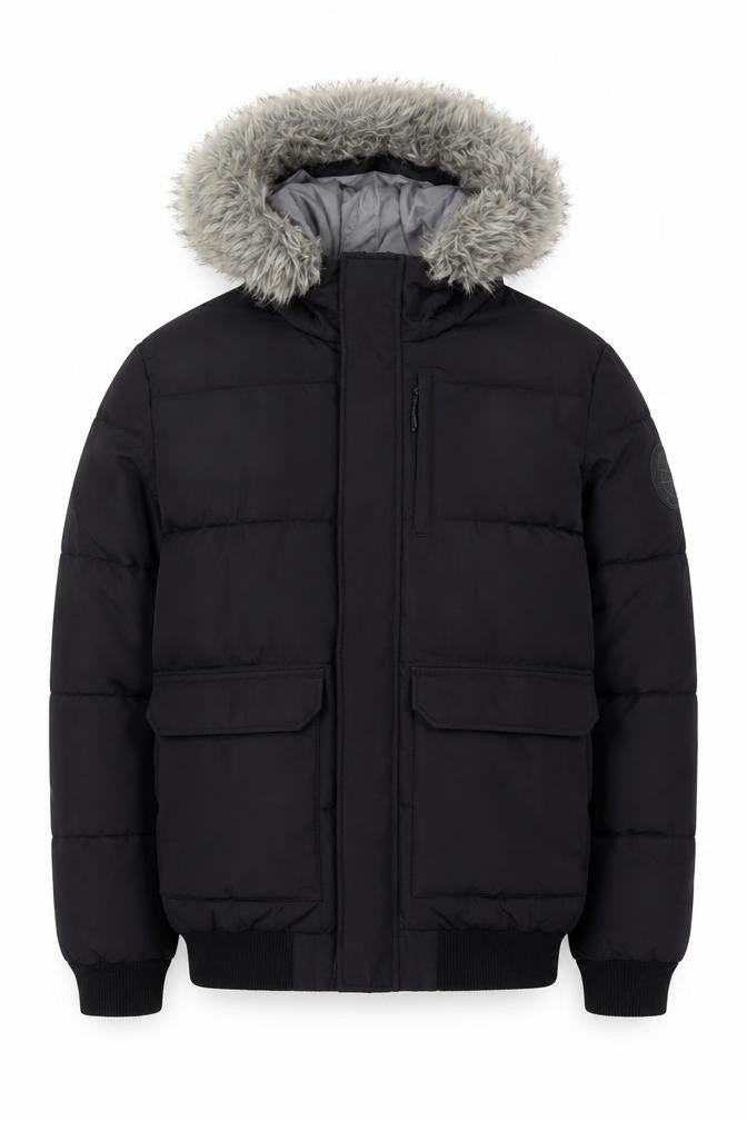 McKenzie Mens Black M Puffer Jacket Hooded Faux Fur Trim Full Zip