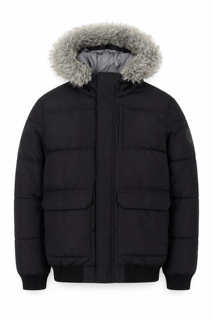 McKenzie Mens Black M Puffer Jacket Hooded Faux Fur Trim Full Zip