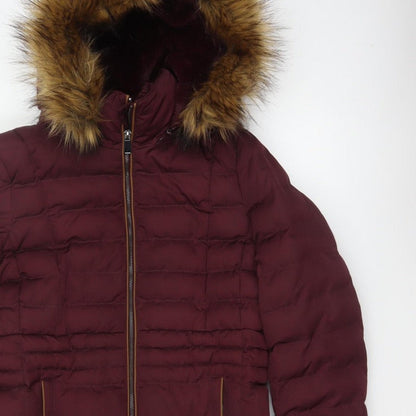 Per Una Women’s Burgundy UK 10 Long Puffer Coat Faux Fur Hood