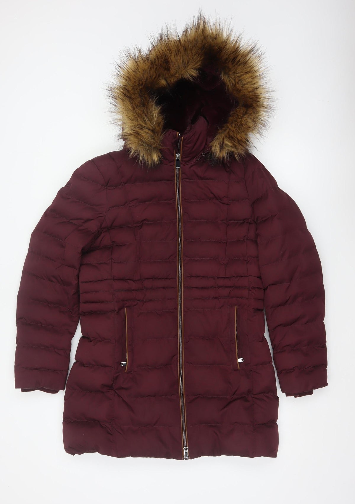 Per Una Women’s Burgundy UK 10 Long Puffer Coat Faux Fur Hood