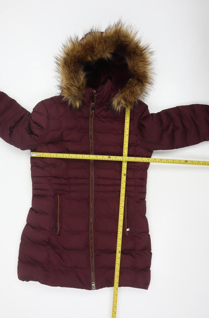 Per Una Women’s Burgundy UK 10 Long Puffer Coat Faux Fur Hood