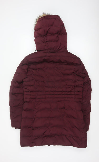 Per Una Women’s Burgundy UK 10 Long Puffer Coat Faux Fur Hood
