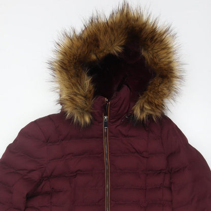 Per Una Women’s Burgundy UK 10 Long Puffer Coat Faux Fur Hood