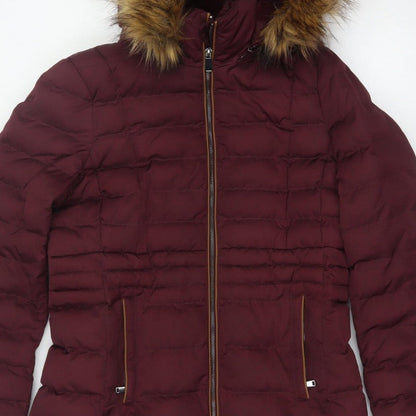 Per Una Women’s Burgundy UK 10 Long Puffer Coat Faux Fur Hood