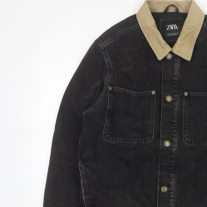 Zara Men Black Denim Jacket M Beige Collar Button Front Workwear