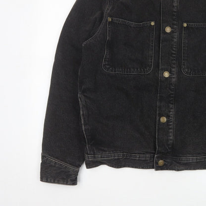 Zara Men Black Denim Jacket M Beige Collar Button Front Workwear