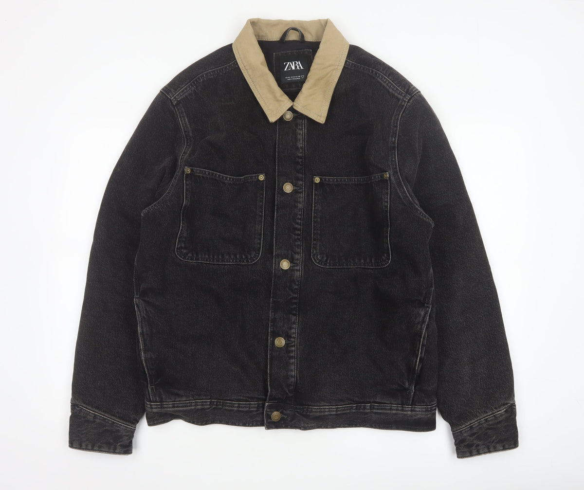 Zara Men Black Denim Jacket M Beige Collar Button Front Workwear