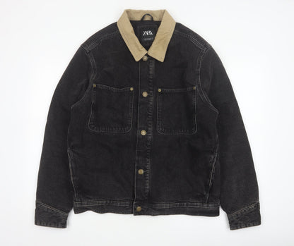 Zara Men Black Denim Jacket M Beige Collar Button Front Workwear